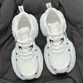 Beige mesh platform sports shoes with wedge heel and lace-up front