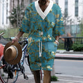 Men's peacock blue 3D printed knitted shorts suit with matching T-shirt jacket