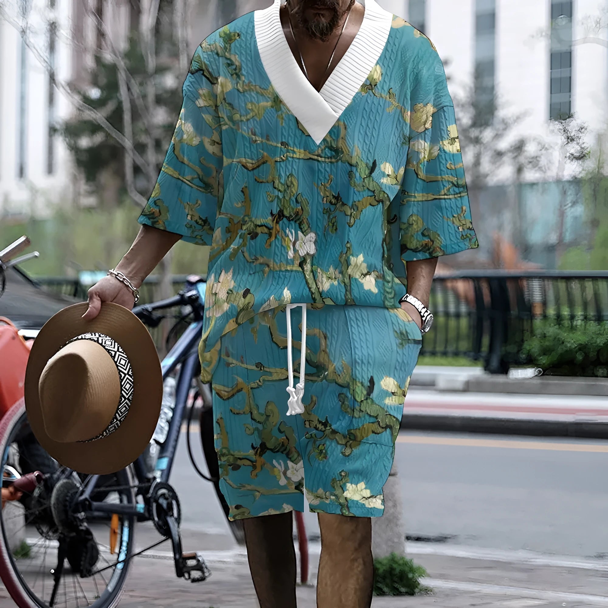 Men's peacock blue 3D printed knitted shorts suit with matching T-shirt jacket