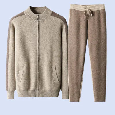 Cashmere wool blend men's sports cardigan suit with half turtleneck and matching trousers
