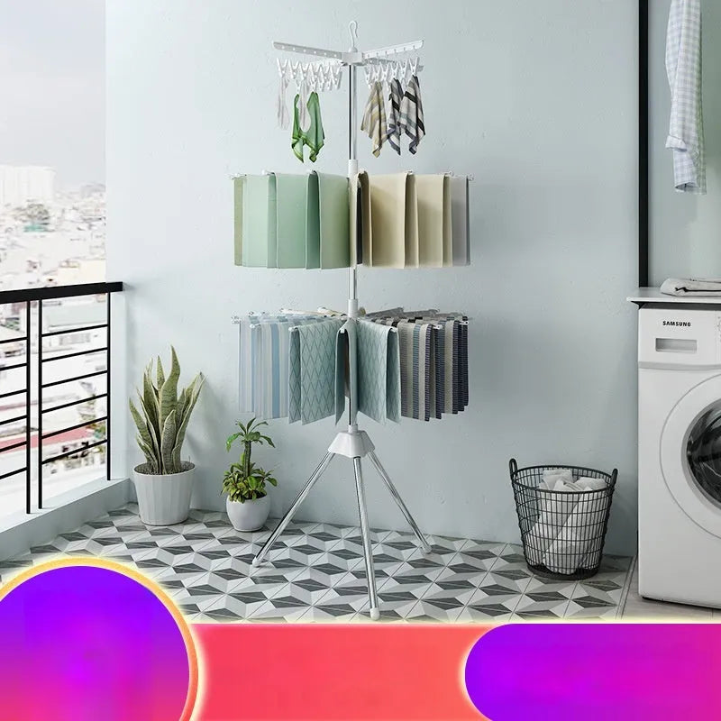 Three-layer stainless steel mobile drying rack with plastic clips and modern simple design