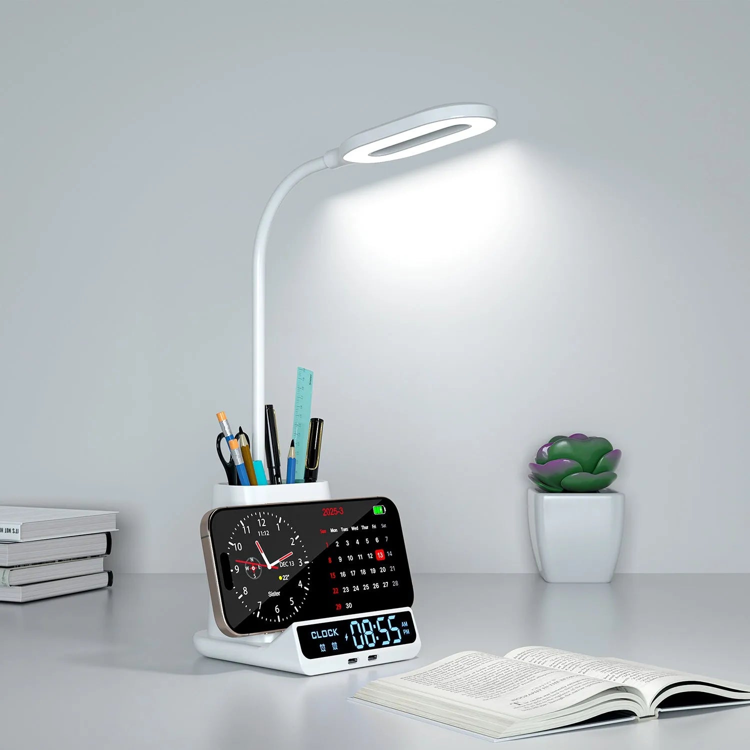 Modern wireless charging desk lamp with integrated pen holder and storage compartments