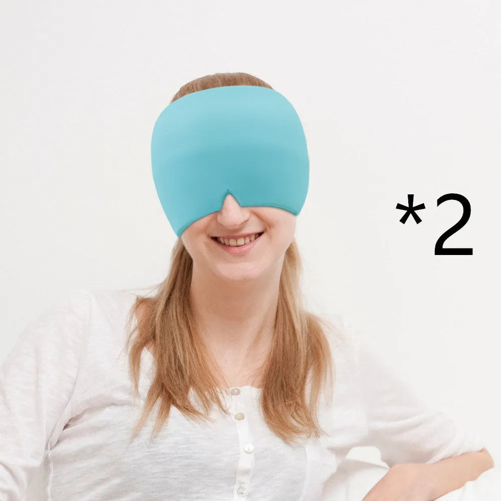 Black elastic cloth gel cooling eye mask for headache relief, shown with adjustable strap.