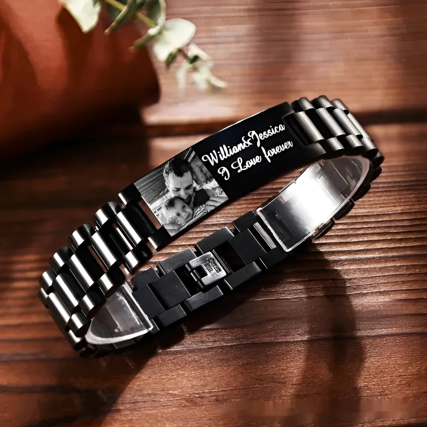 Titanium steel men's bracelet with curved heart shape and electroplated black lettering in gift box