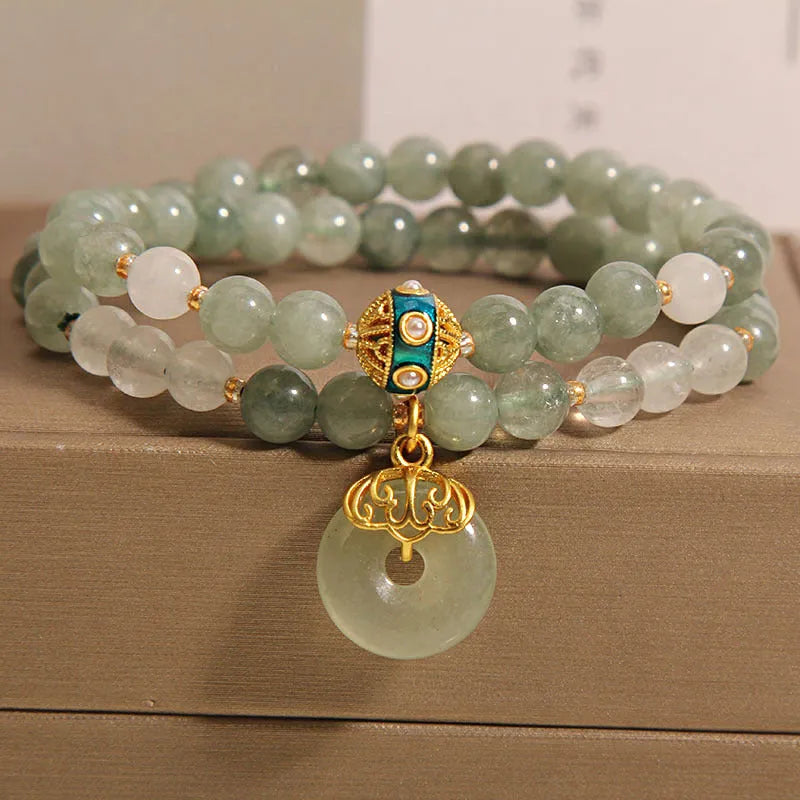 Women's oil green double-layer jade bracelet with safety buckle and crystal rhinestone details