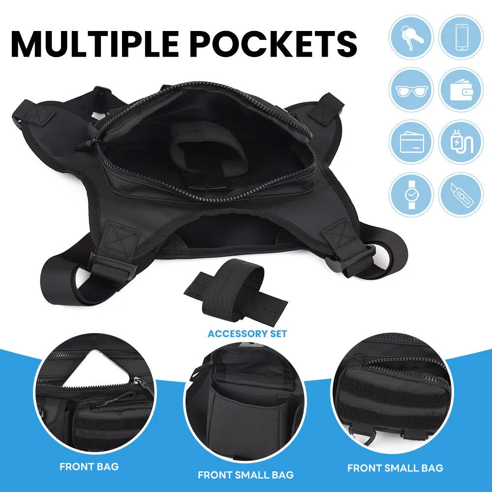 Black Oxford cloth chest bag with breathable vest straps and visible stitching.