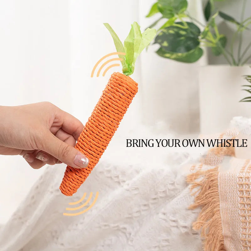 Bundle of cat toys including carrot-shaped chews, crinkly paper rings, and audible ringing stones in multiple sizes