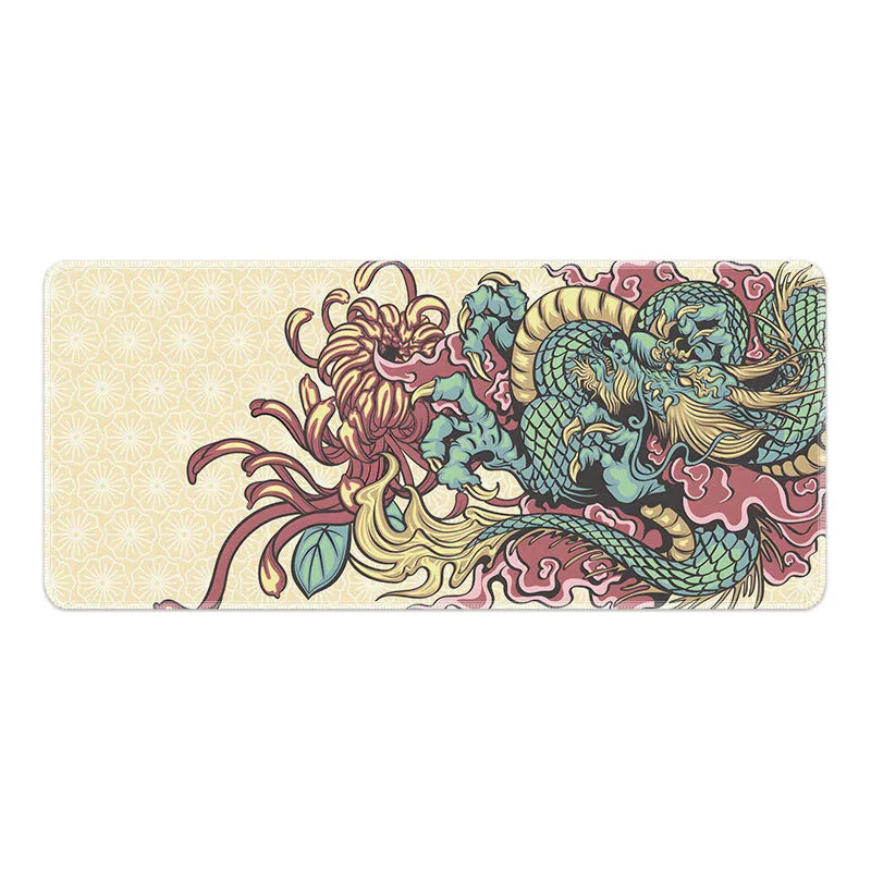 Large black cloth gaming mouse pad with detailed red and gold floral dragon artwork, showing non-slip base.