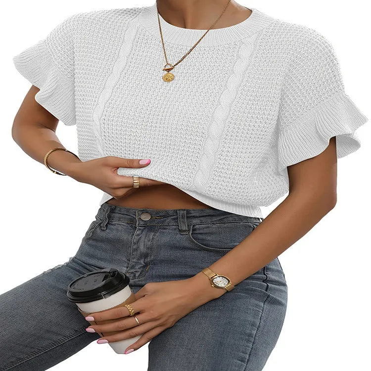 Knitted pullover sweater with twisted string pattern and ruffled short sleeves in loose fit