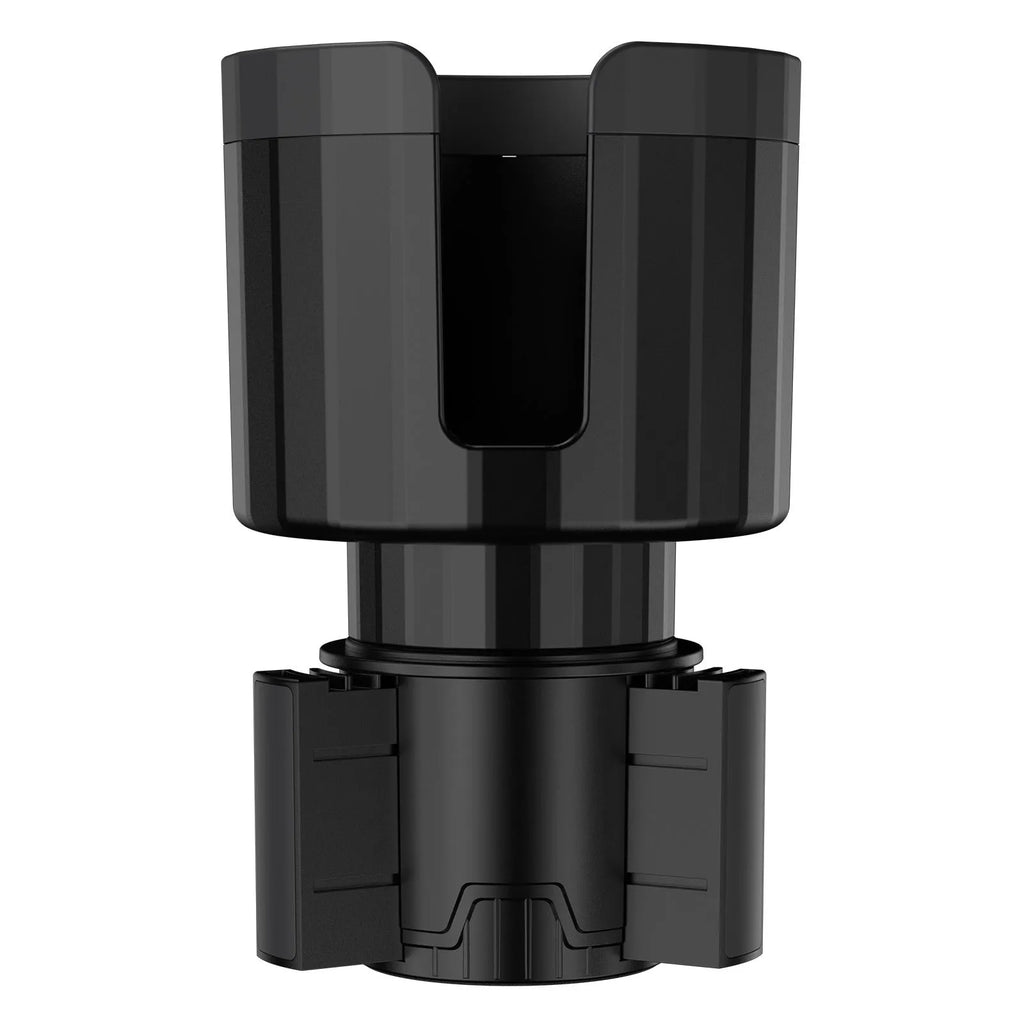 Matte black car cup holder expander with adjustable base for large bottles and cups
