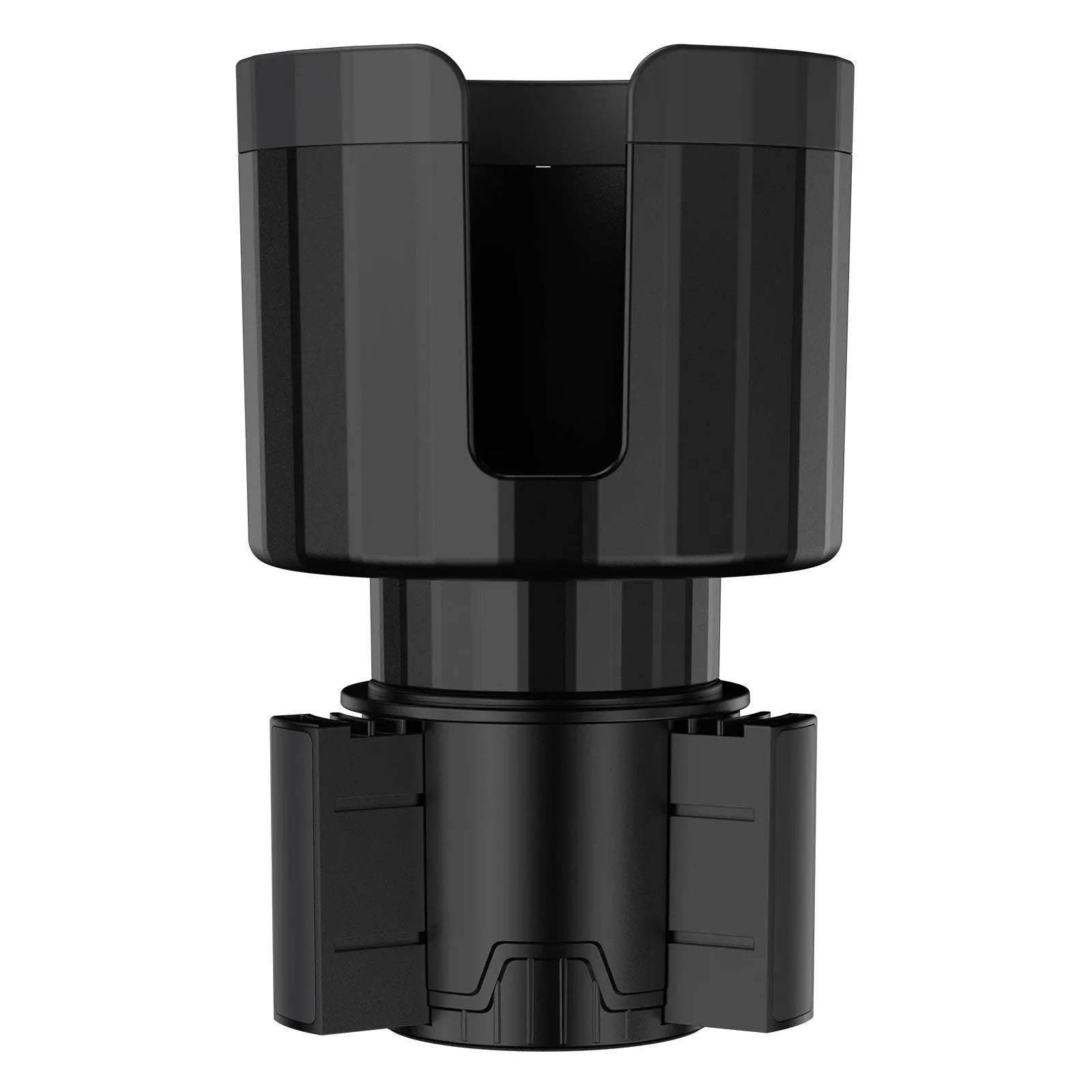 Matte black car cup holder expander with adjustable base for large bottles and cups