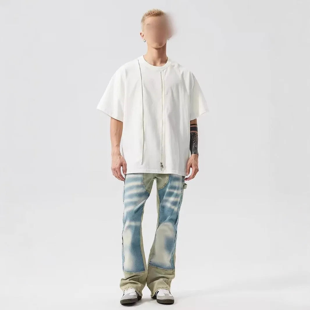 Men's retro jeans with yellow and blue patchwork denim and distressed detailing