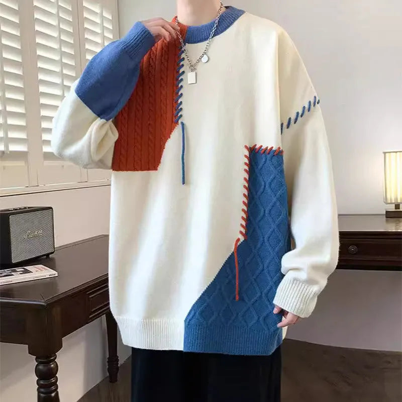 Men's colourblock pullover sweater in green, orange, or grey, long sleeve, straight fit, sizes L to 4XL.