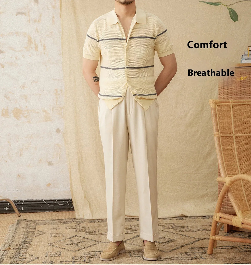 Casual lapel cardigan in thin cotton linen fabric with short sleeves in camel colour