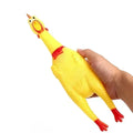 Yellow rubber screaming chicken dog squeak toy shown in three different sizes: small, medium, and large.