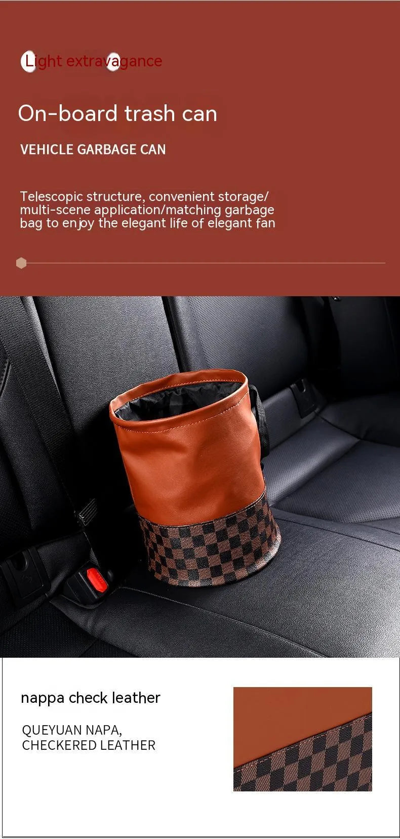 Black leather car trash can with handle showing folded and expanded positions for vehicle waste management
