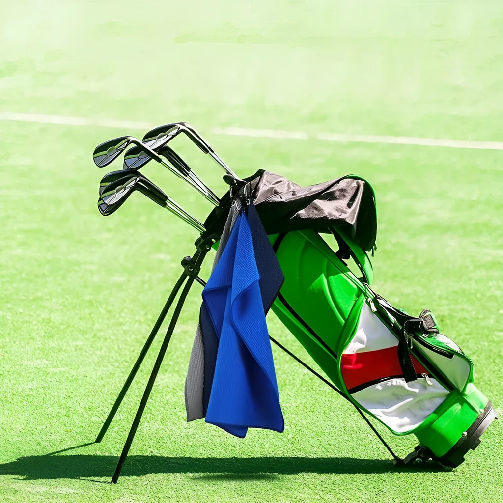 Waffle-textured golf ball cleaning cloth shown in a choice of colours and sizes.