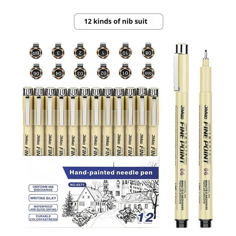 Waterproof needle pen drawing set with syringe-style design and black ink cartridge