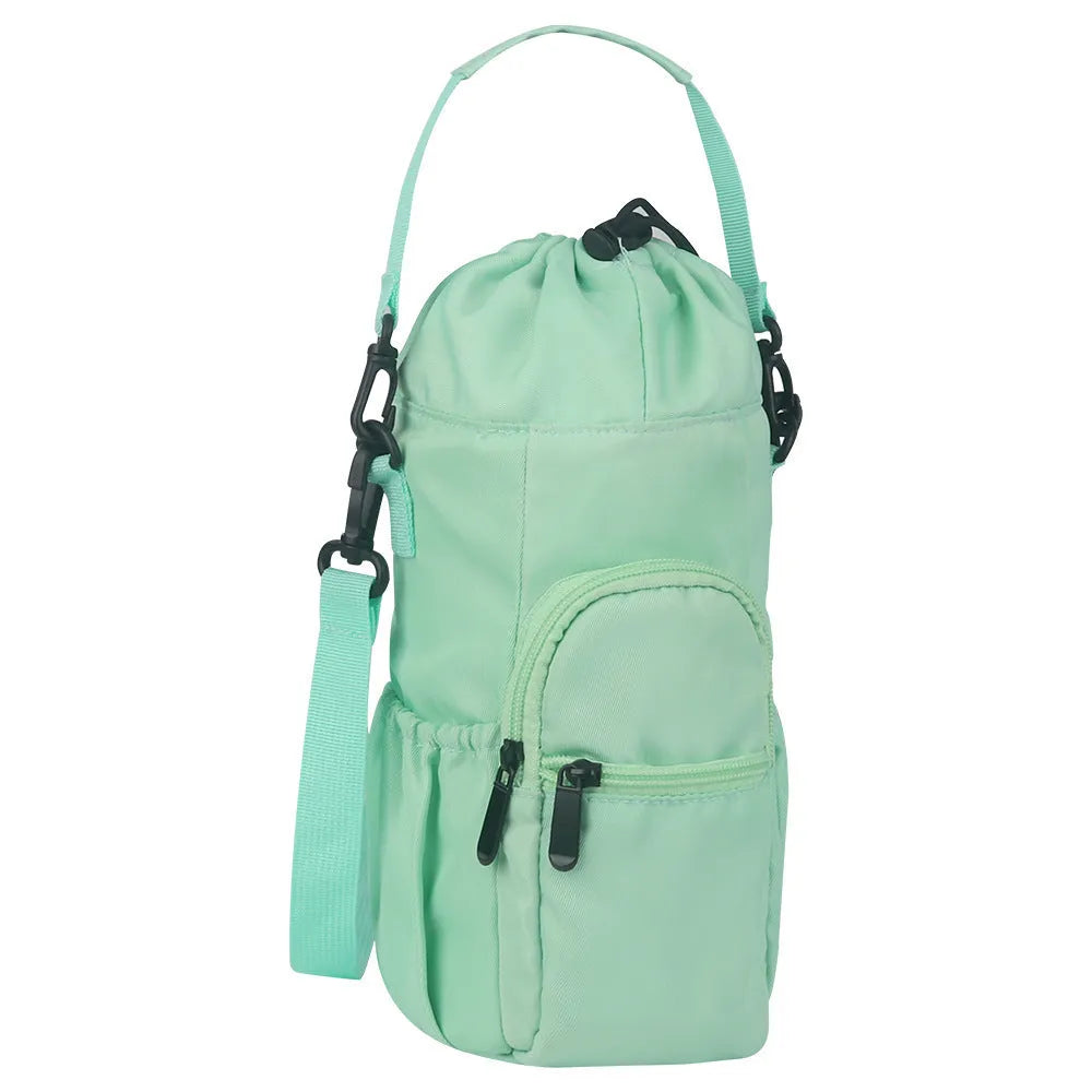 Cloth crossbody water bottle shoulder pouch in black, green, or pink.