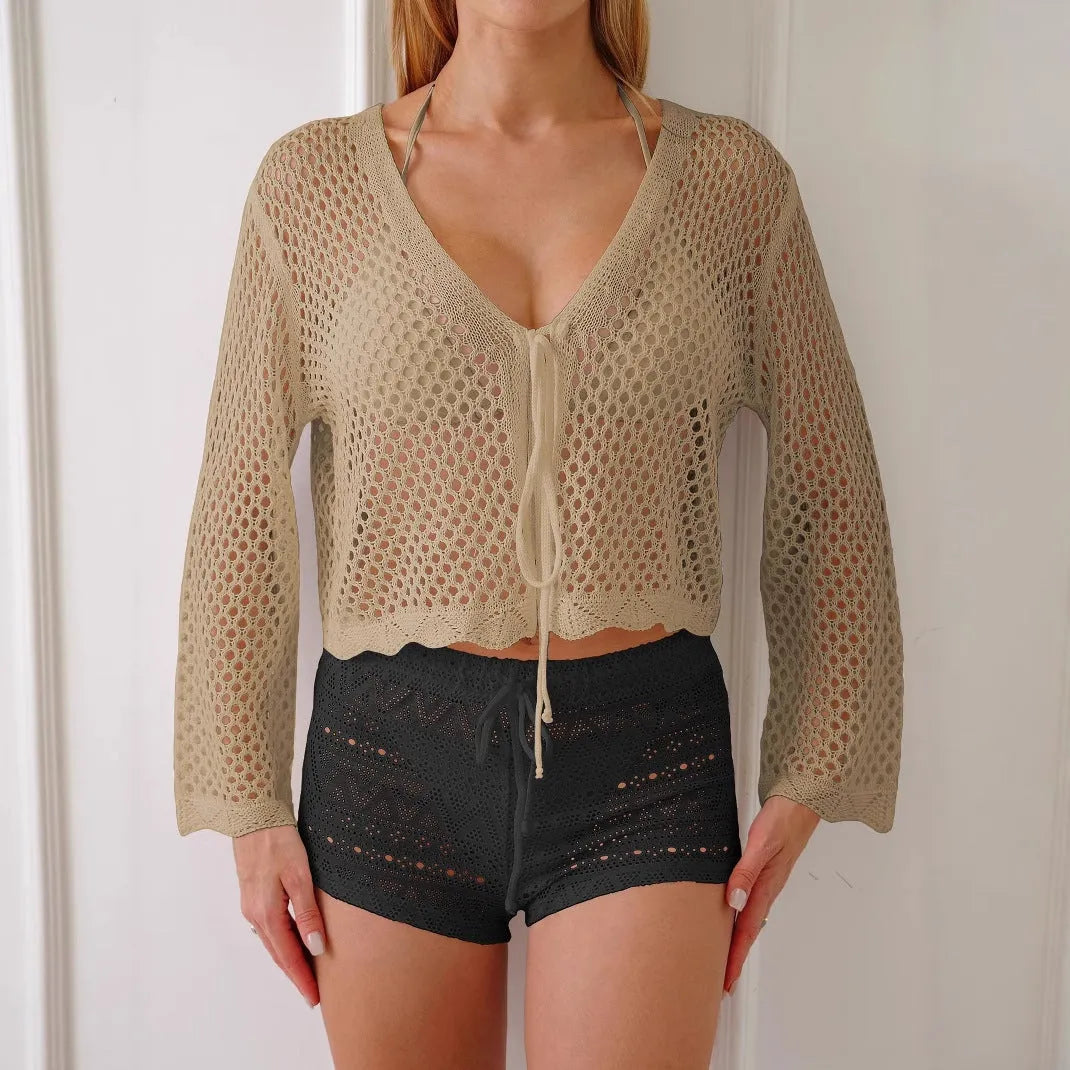 Women's hollow woven cardigan blouse with bell sleeves in solid colour