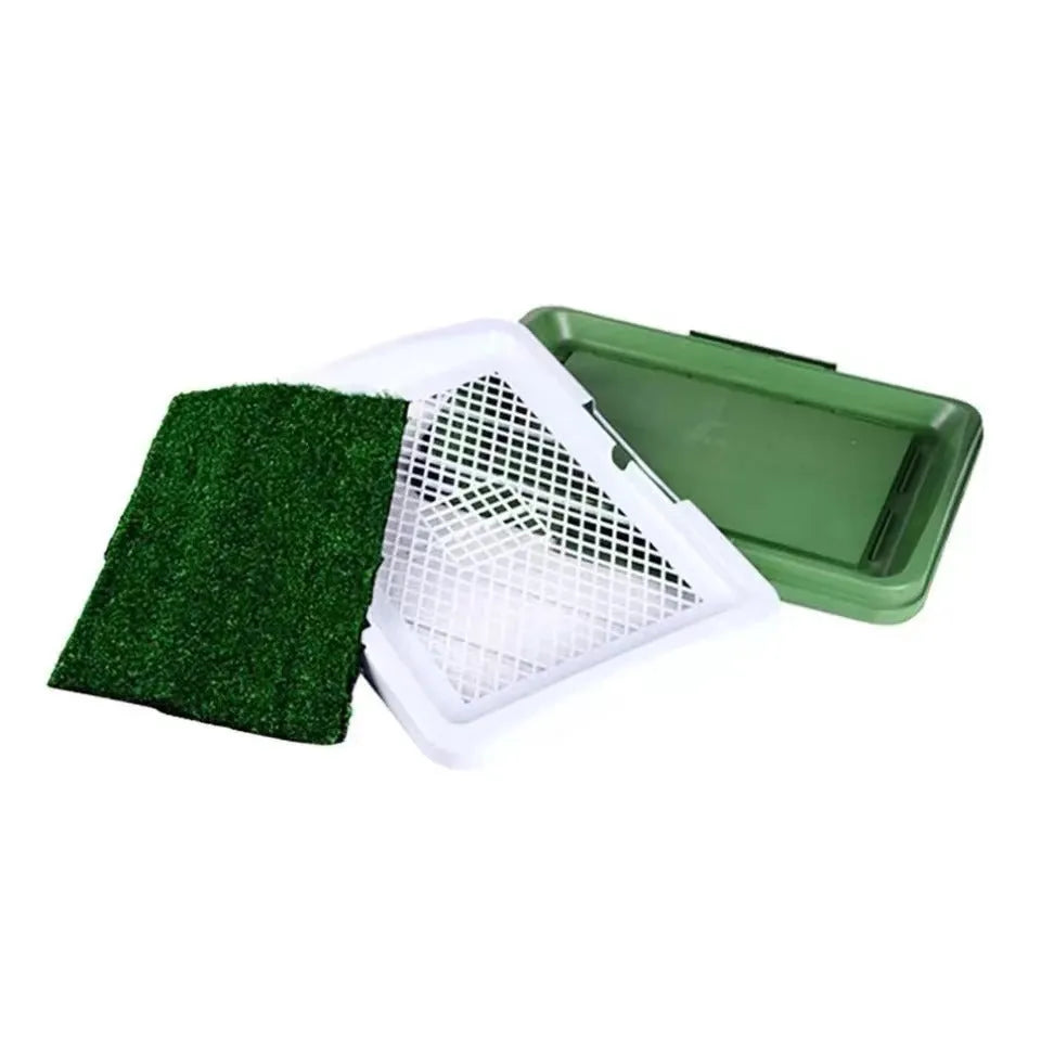 Green synthetic turf dog toilet training tray with removable plastic waste container