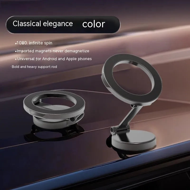 Black all-metal foldable magnetic car phone mount attached to a car dashboard.