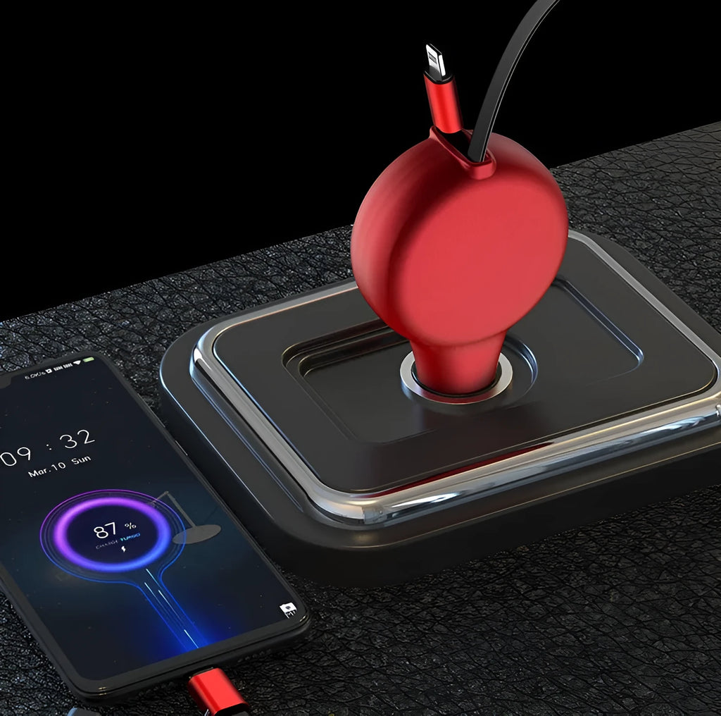 Black retractable car charger with two coiled cables and three charging heads displayed next to a car power socket.