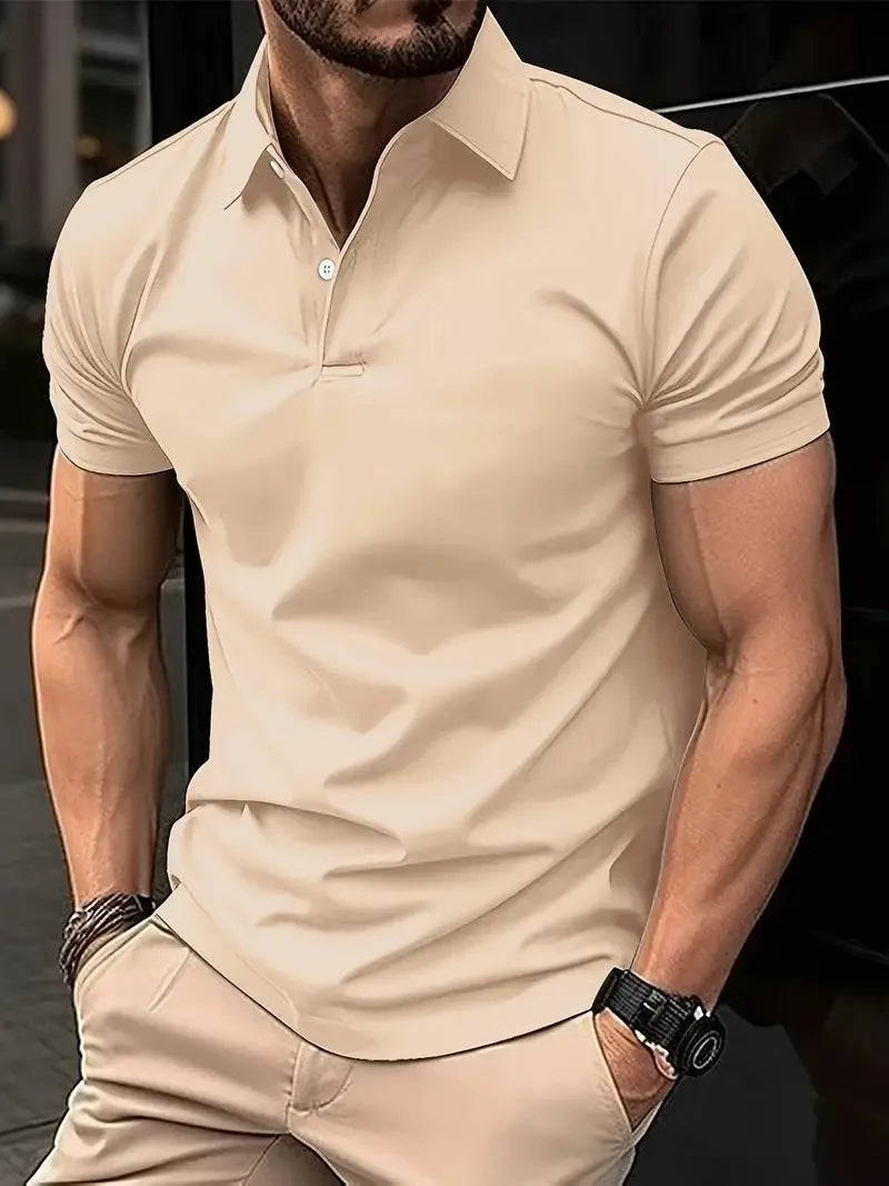 Men's slim fit short sleeve button shirt in a solid colour, showing front button closure.