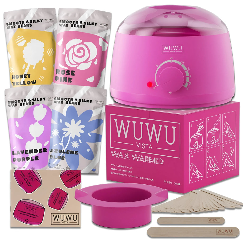 27-piece hair removal wax kit with heated machine, four wax bead colours, and applicator sticks