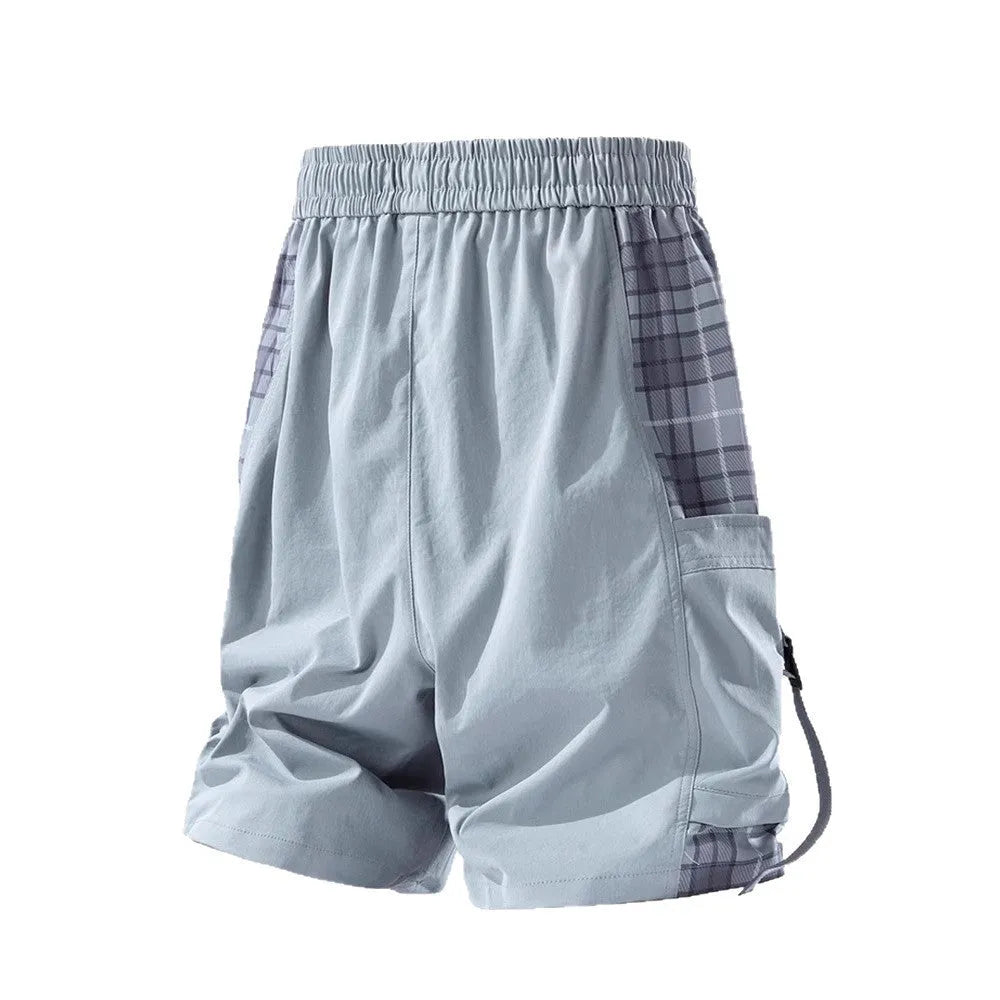 Men's loose plaid stitch cargo shorts in black, light grey, or smoky grey colours.