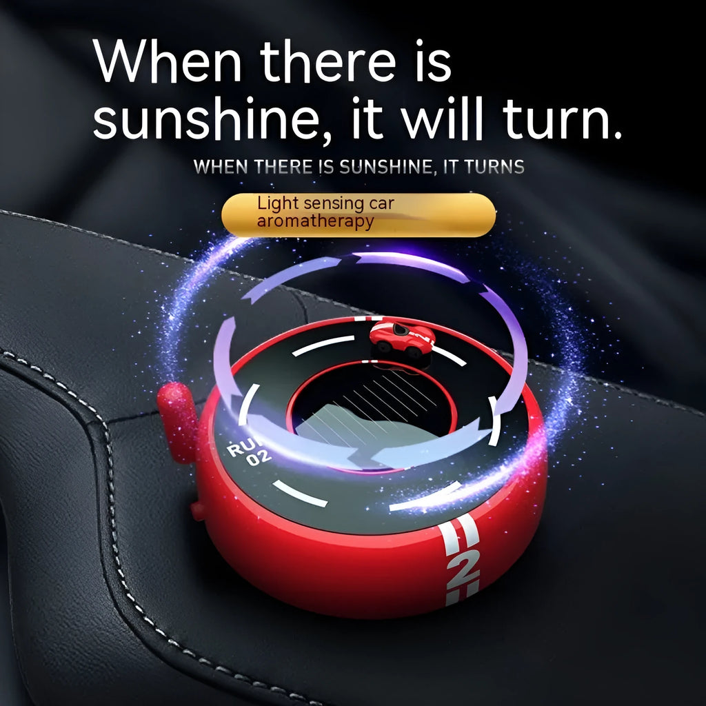 Black, red, and white round car model solar aromatherapy decoration for vehicle fragrance.