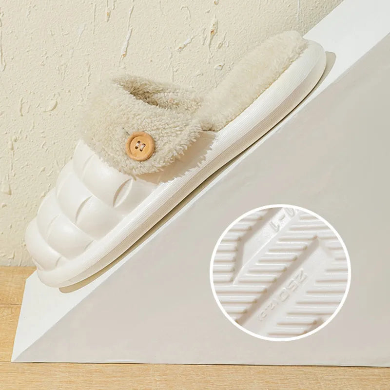 Plaid patterned detachable EVA slippers with plush lining shown in pink, green, yellow, white, grey and black.