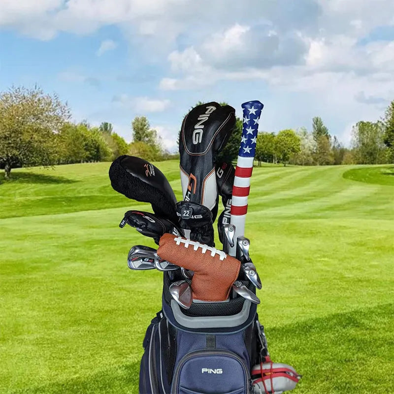 Black PU leather golf putter head cover showing push rod sleeve design
