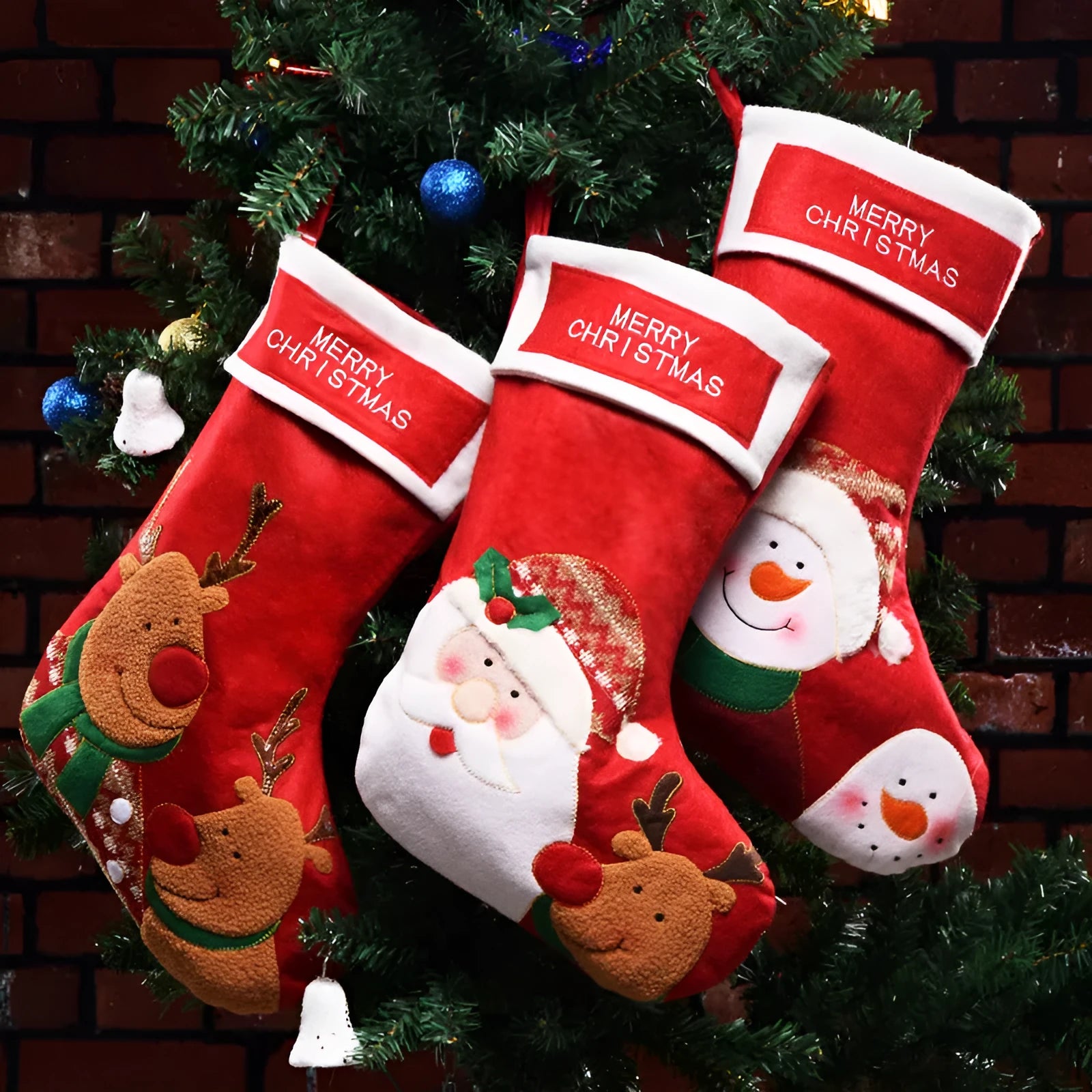 Red Christmas stocking with elk, old man and snowman printed designs in traditional American style