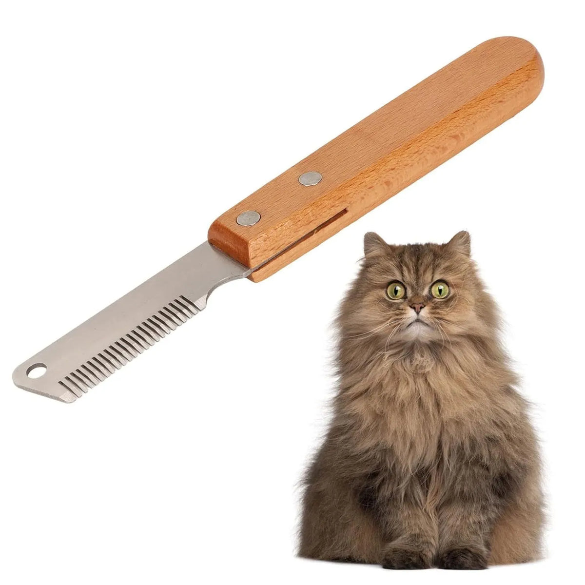 Pet stripping comb with wood handle and metal blade for dog and cat grooming.