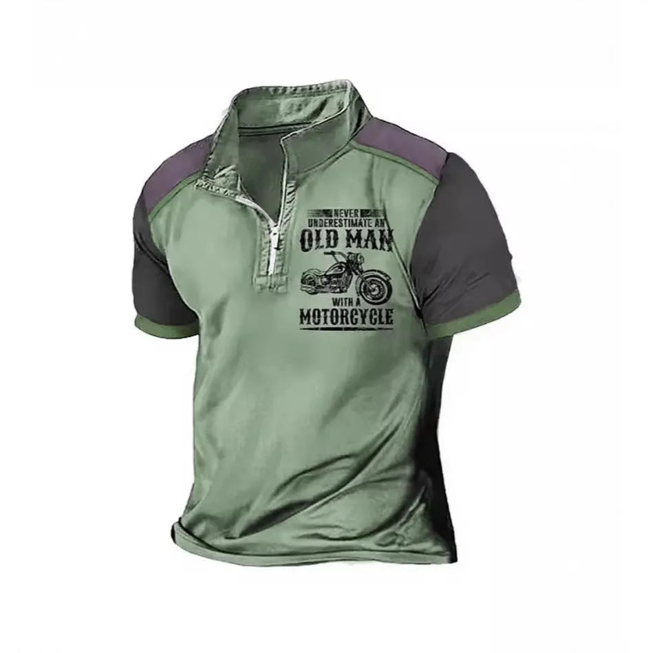 Men's lapel collar polo shirt with digital letter pattern print and zip decorations