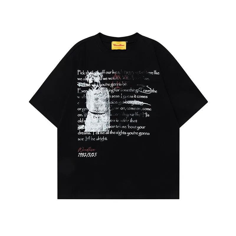 Men's black loose fit cotton t-shirt with white printed letter design and raglan short sleeves