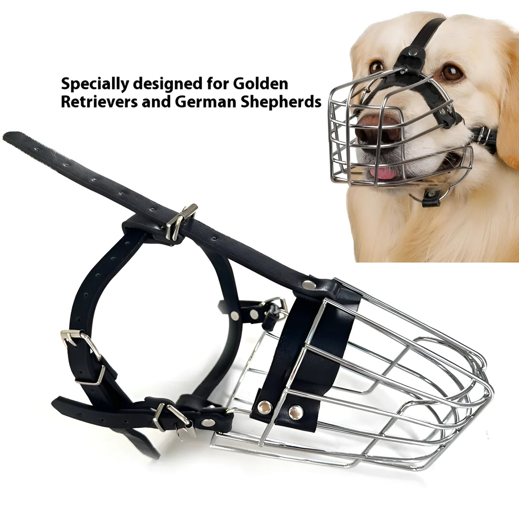 Black metal dog muzzle designed specifically for Golden Retrievers and German Shepherds