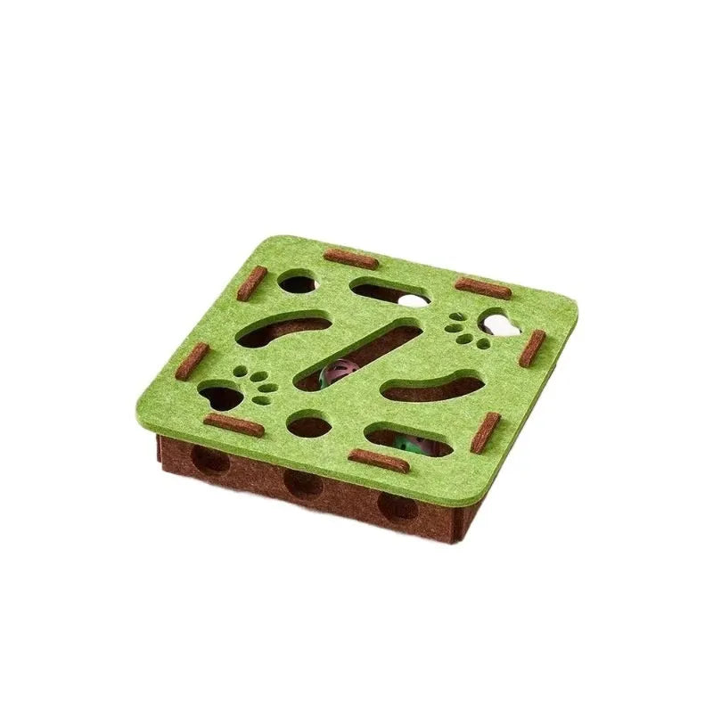 Green brown felt cat toy box with artifact hole, dimensions 30cm by 30cm.