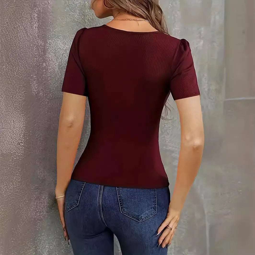 Women's slim fit knitted short sleeve pullover with low neckline in wine red colour