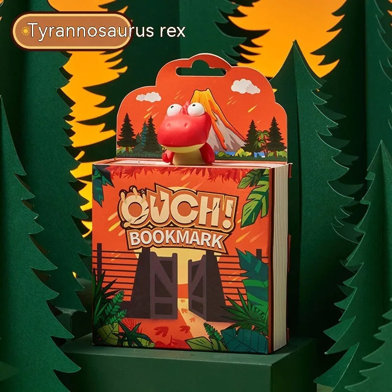 Animated dinosaur bookmark designs featuring Tyrannosaurus, Triceratops, Stegosaurus and Parasaurolophus