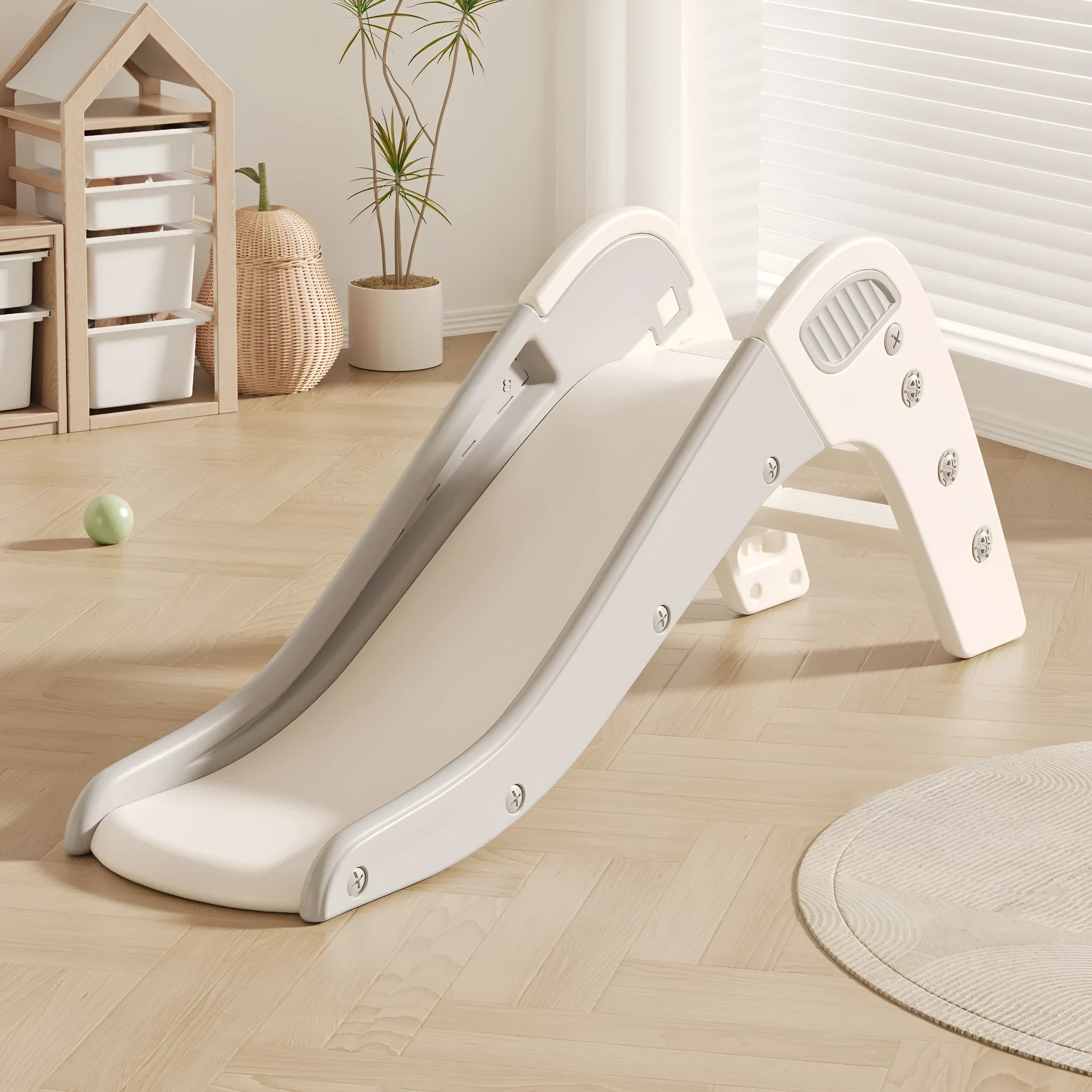 Small plastic baby slide in blue, yellow, brown, or grey for toddlers under three.