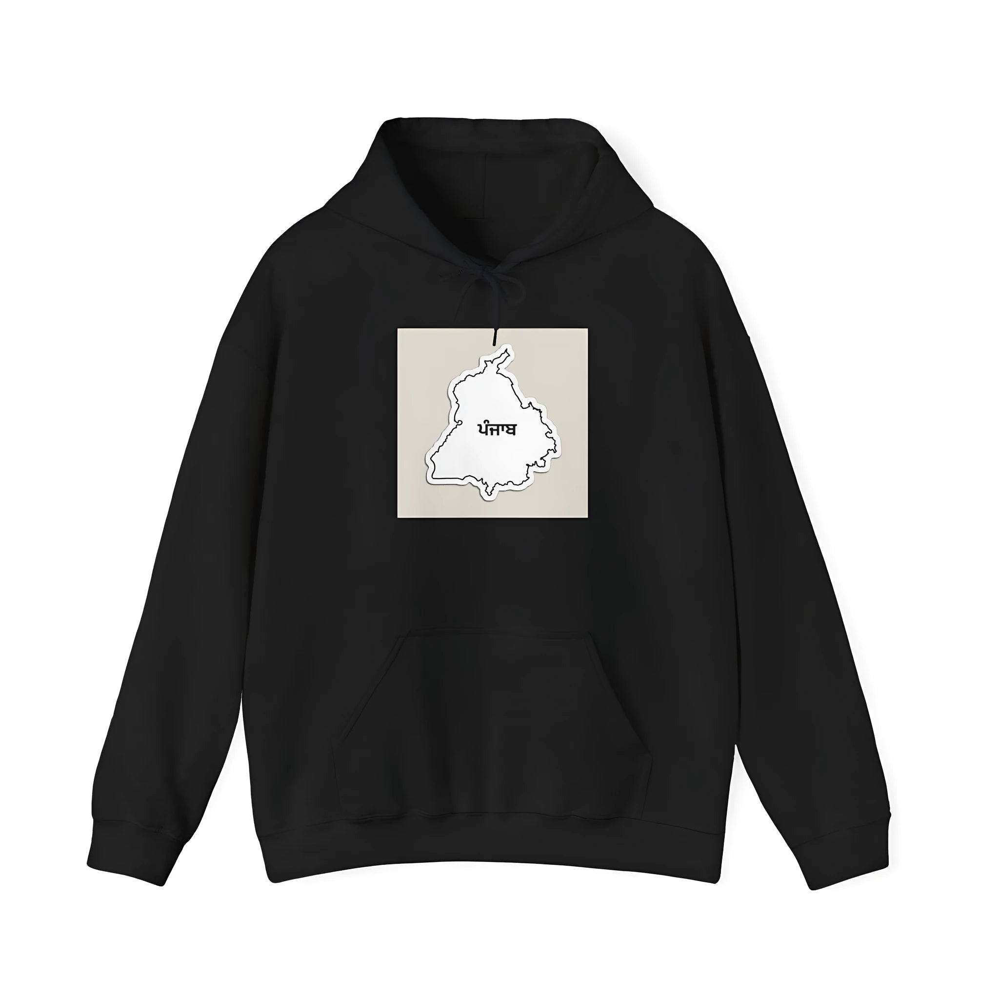 Black loose fit drop-shoulder sleeve hoodie with a front pocket and printed design