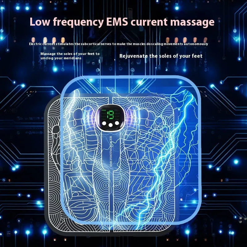 Blue rechargeable foot massager mat with remote control on wooden floor