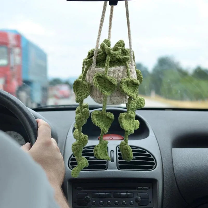 Green and white knitted car plant decoration with hanging cord for vehicle interior