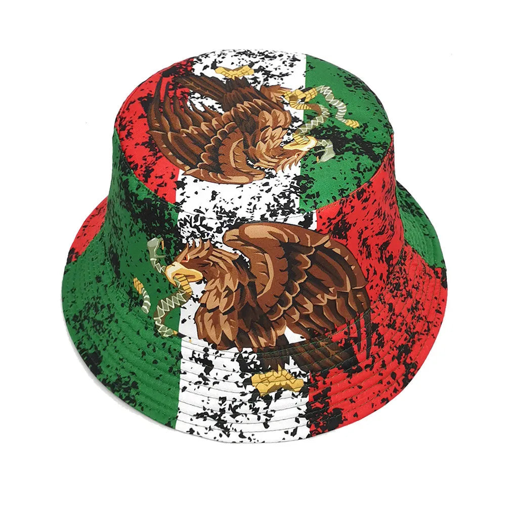 Polyester bucket hat with eagle pattern in retro style, dome crown, size M for 56-58cm head circumference