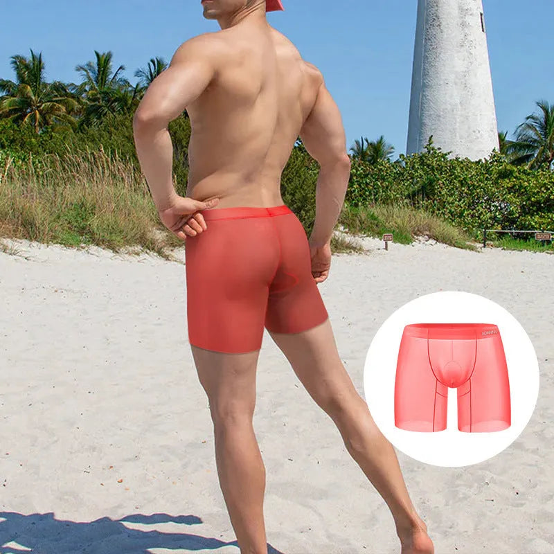 Men's ice silk boxer shorts in orange, pink and red colours with low-waist design