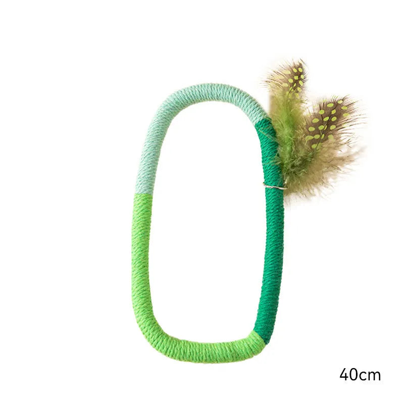 Green and purple cotton rope cat toys with feathers and catnip for interactive feline play