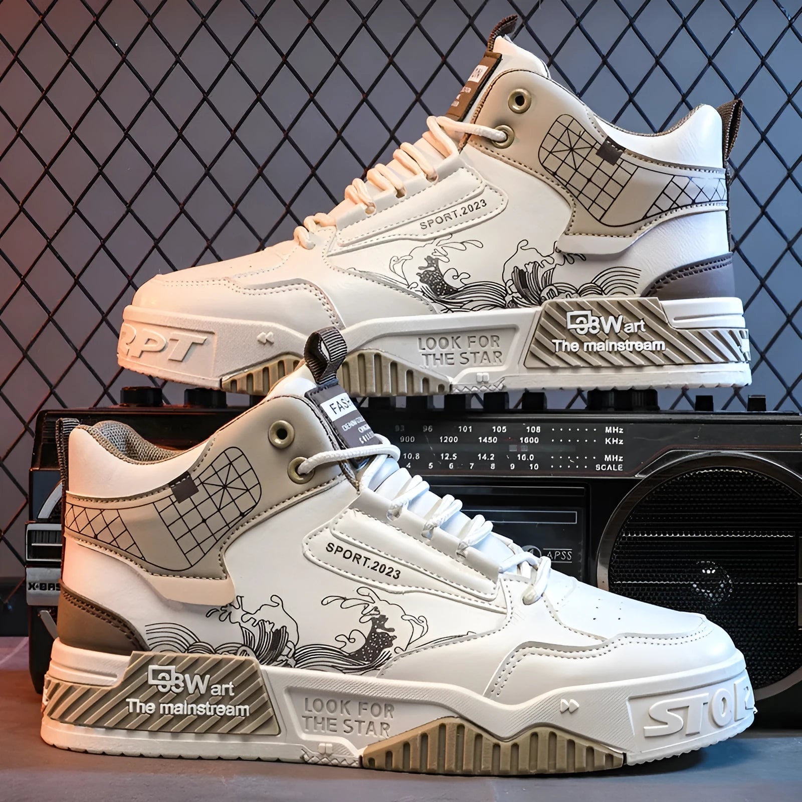 Men's beige, white, and blue high-top board shoes with flat rubber soles and lace-up front