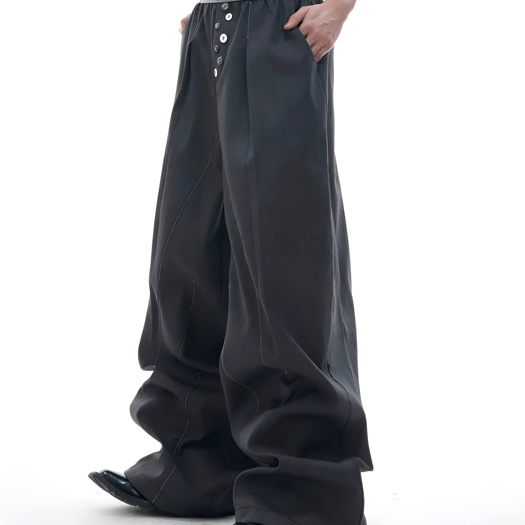 Straight-leg high-waist casual trousers in grey with a button-open line design detail on the leg.